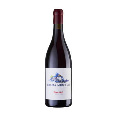 Garrafa de vinho tinto Pinot Noir CRAMA MIRCEȘTI com rótulo ilustrado e tampa vermelha