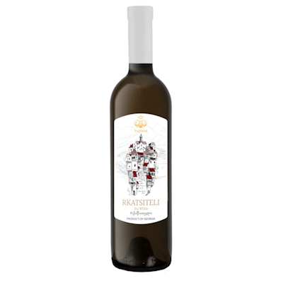 Garrafa de vinho branco Rkatsiteli com rótulo ilustrado