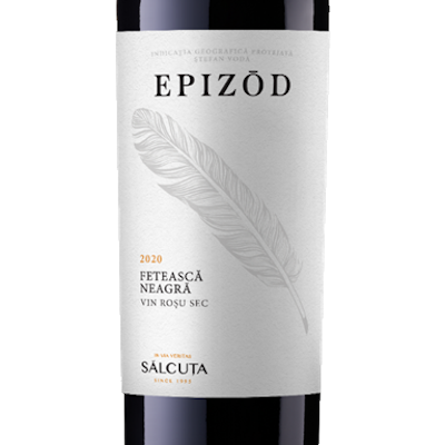 Garrafa de vinho EPIZÒD com rótulo branco e pena desenhada.