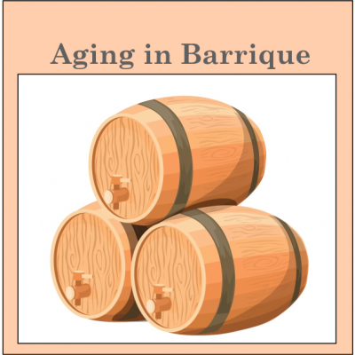 Ilustração de três barris de madeira empilhados com torneiras, texto 'Aging in Barrique' no topo