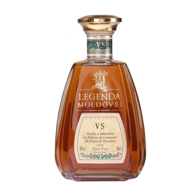 Garrafa de aguardente LEGENDĂ MOLDOVEI em vidro castanho com tampa dourada