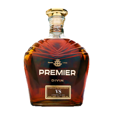 Garrafa de licor Premier Divin com líquido castanho