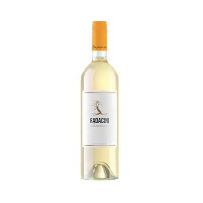 Garrafa de vinho branco Radacini Chardonnay com rótulo branco e cápsula laranja