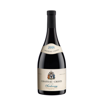 Garrafa de vinho tinto Chateau Cristi 2018 com rótulo branco e brasão colorido