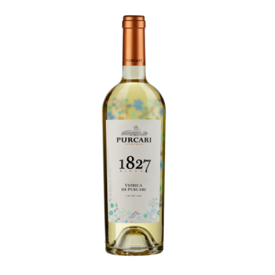 Garrafa de vinho branco Purcari 1827 com rótulo branco e decoração floral azul e verde.