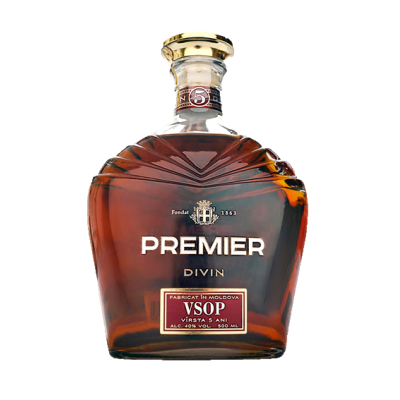 Garrafa de licor Premier Divin VSOP castanho escuro com rótulo e tampa dourada