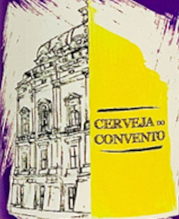 Rótulo com desenho a preto e branco de edifício e texto CERVEJA DO CONVENTO em faixa amarela