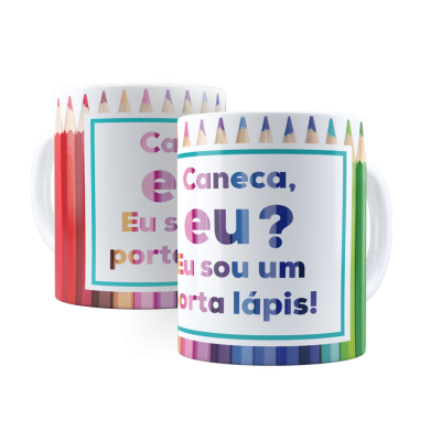 Canecas de cerâmica branca com lápis de cor e texto colorido