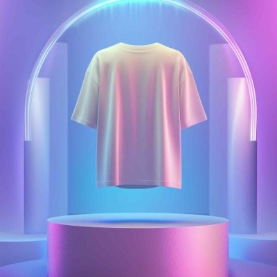 Camiseta branca simples com luzes neon num cenário futurista