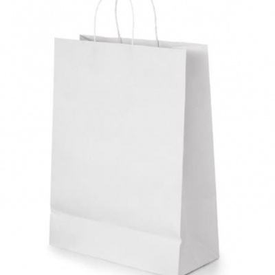 Saco de papel branco com alças torcidas