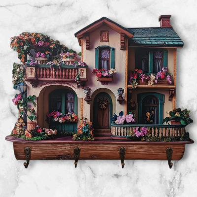 Cabide decorativo em forma de casa mediterrânica com flores e quatro ganchos metálicos