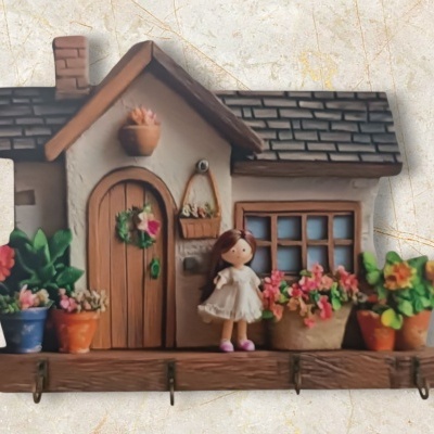 Cabide decorativo em forma de casa com boneca e vasos de flores