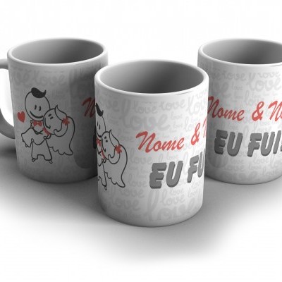 Conjunto de canecas brancas com desenho de cães e texto 'Nome & Nome EU FUI!'