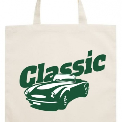 Saco de tecido bege com design verde de carro clássico e texto CLASSIC