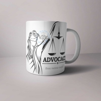 Caneca branca de cerâmica com imagem e texto de advocacia em preto