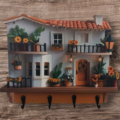 Suporte de parede decorativo em forma de casa com flores e ganchos