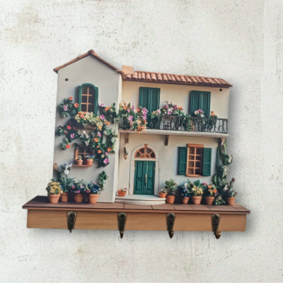 Pendura chaves de parede em forma de casa com janelas verdes, flores e ganchos metálicos