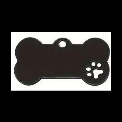 Placa preta em forma de osso para identificação de animais com recorte em forma de pata
