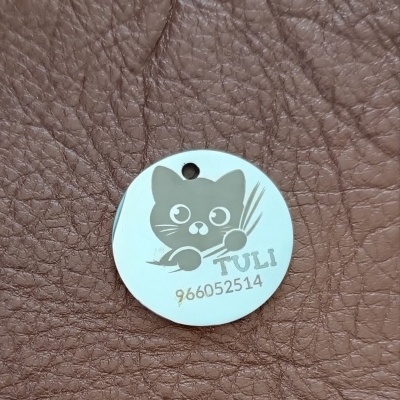 Medalha redonda prateada com desenho de gato e texto TULI