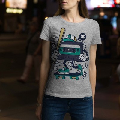 Camisola cinza clara com estampado de cassete cartoon