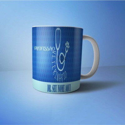 Caneca azul escuro com texto e desenho de estetoscópio e pata de animal
