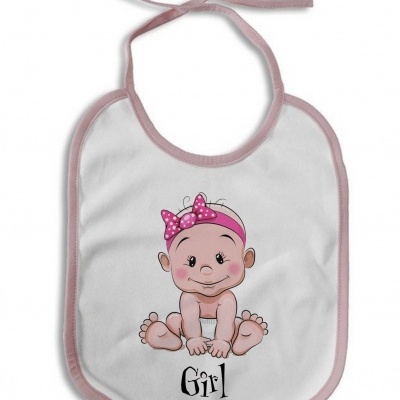 Babete branco com borda cor-de-rosa e imagem de bebé com faixa na cabeça e texto 'Girl'