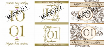 Três etiquetas com número 01 e frases de boas-vindas, decoradas com flores em fundo branco