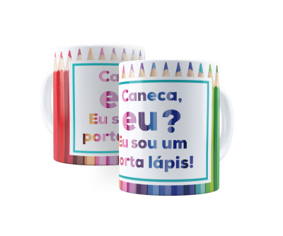 Canecas de cerâmica branca com lápis de cor e texto colorido