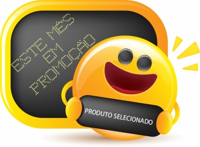 Emoji sorridente amarelo segurando placa com texto 'PRODUTO SELECIONADO'