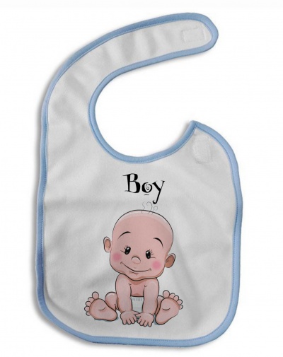Babete branco com borda azul e desenho de bebé sentado com a palavra 'Boy'
