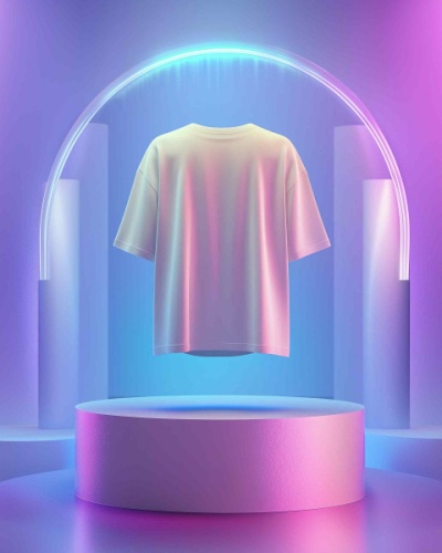 Camiseta branca simples com luzes neon num cenário futurista