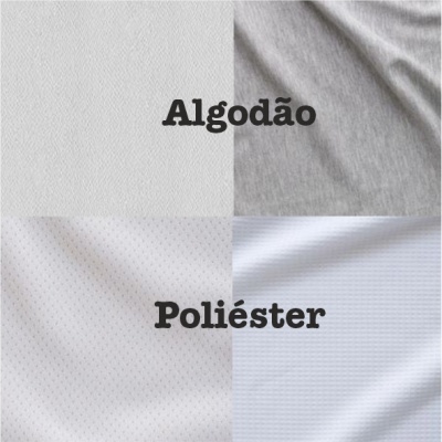 tecidos algodão e poliéster com texturas e cores neutras, texto Algodão e Poliéster