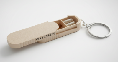 Chaveiro de plástico bege com texto VINYLPREST e cápsulas em compartimentos