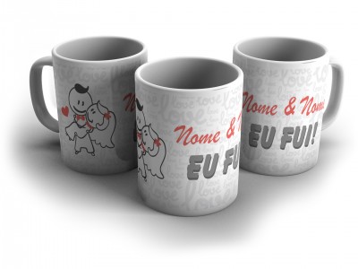 Conjunto de canecas brancas com desenho de cães e texto 'Nome & Nome EU FUI!'