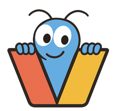 Logótipo com personagem azul sorridente segurando formas triangulares laranja e amarela