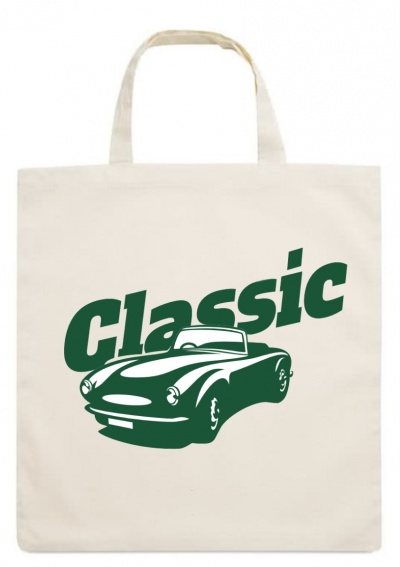 Saco de tecido bege com design verde de carro clássico e texto CLASSIC