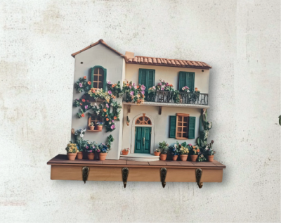 Pendura chaves de parede em forma de casa com janelas verdes, flores e ganchos metálicos
