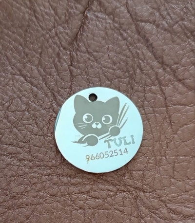 Medalha redonda prateada com desenho de gato e texto TULI