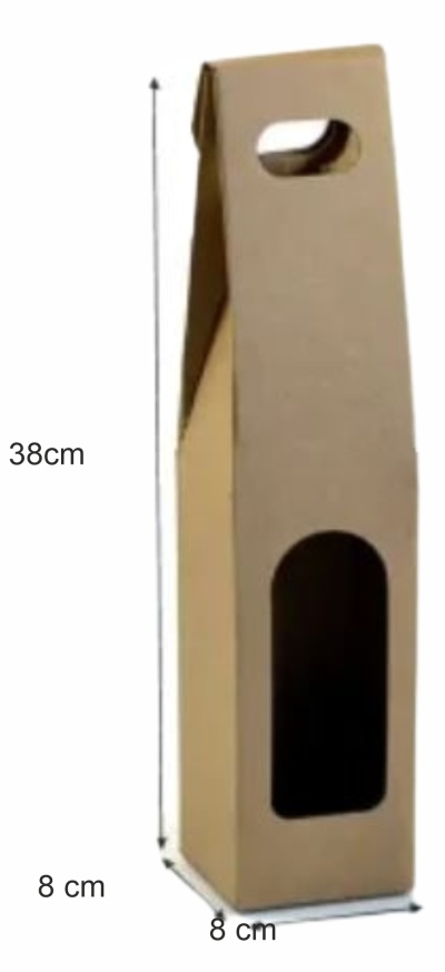 Caixa de papelão castanho com alça e janela recortada