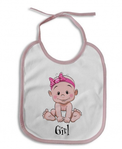 Babete branco com borda cor-de-rosa e imagem de bebé com faixa na cabeça e texto 'Girl'