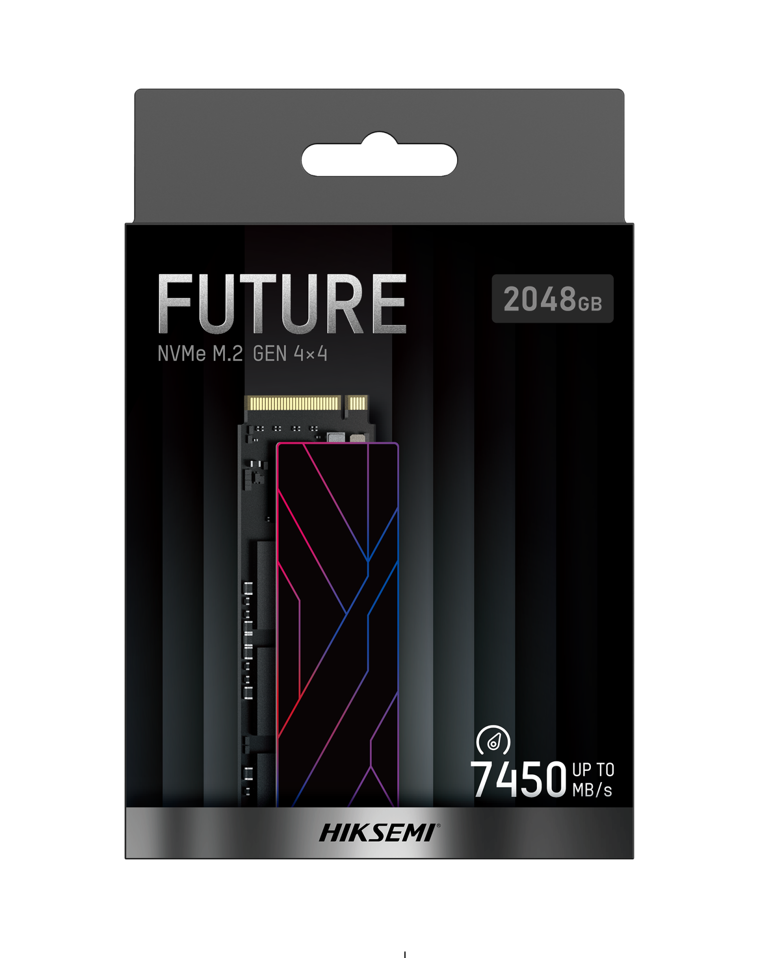SSD PCIe NVMe 4.0 HIKSEMI FUTURE 2TB Leitura 7450MB/s escrita 6750MB/s Embalagem de SSD NVMe M.2 preto com linhas coloridas da marca HIKSEMI