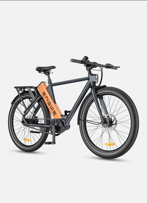 ENGWE P275 Pro. Potência 250 W. 260 km Autonomia . Bafang Torque Sensor. Motor de accionamento intermediário. Bicicleta elétrica preta com bateria laranja e bagageira
