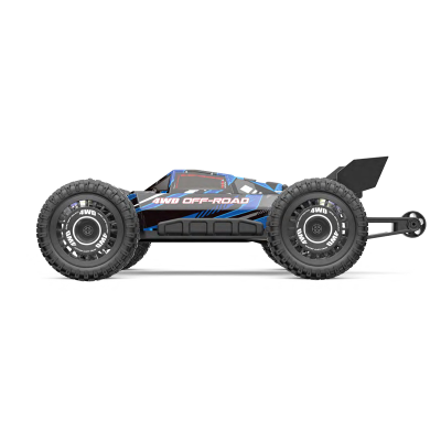 Carro RC 4WD OFF-ROAD preto e azul com pneus grandes e texto branco