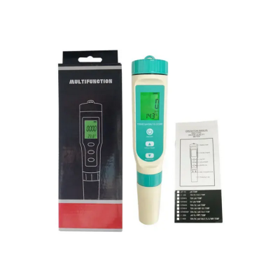 Medidor multifunções digital branco e azul com caixa preta e manual