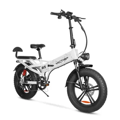 Bicicleta elétrica dobrável Victrip R5 branca com pneus largos e selins pretos