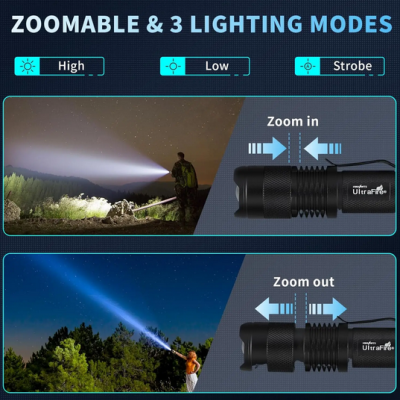 Lanterna preta UltraFire com zoom e modos de luz High, Low e Strobe em uso noturno
