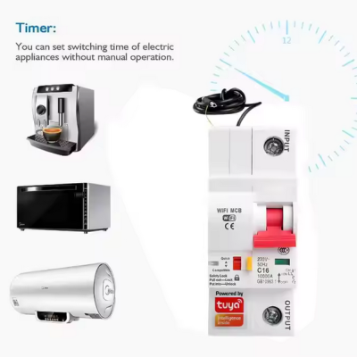 Temporizador elétrico branco com interruptor vermelho e etiquetas técnicas ao lado de eletrodomésticos