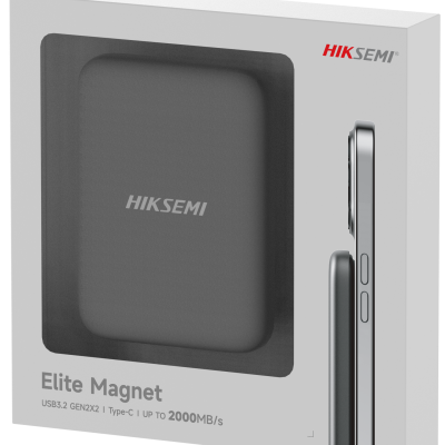 Caixa branca com produto HIKSEMI Elite Magnet preto e texto técnico