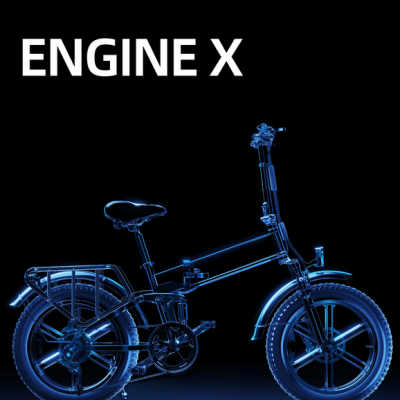 Bicicleta dobrável iluminada em azul com texto 'ENGINE X'