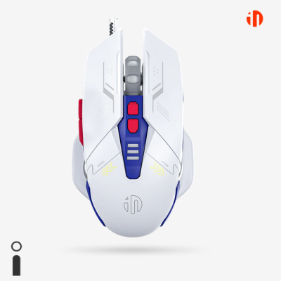 Rato de computador branco e azul com botões vermelhos e texto 'iN'